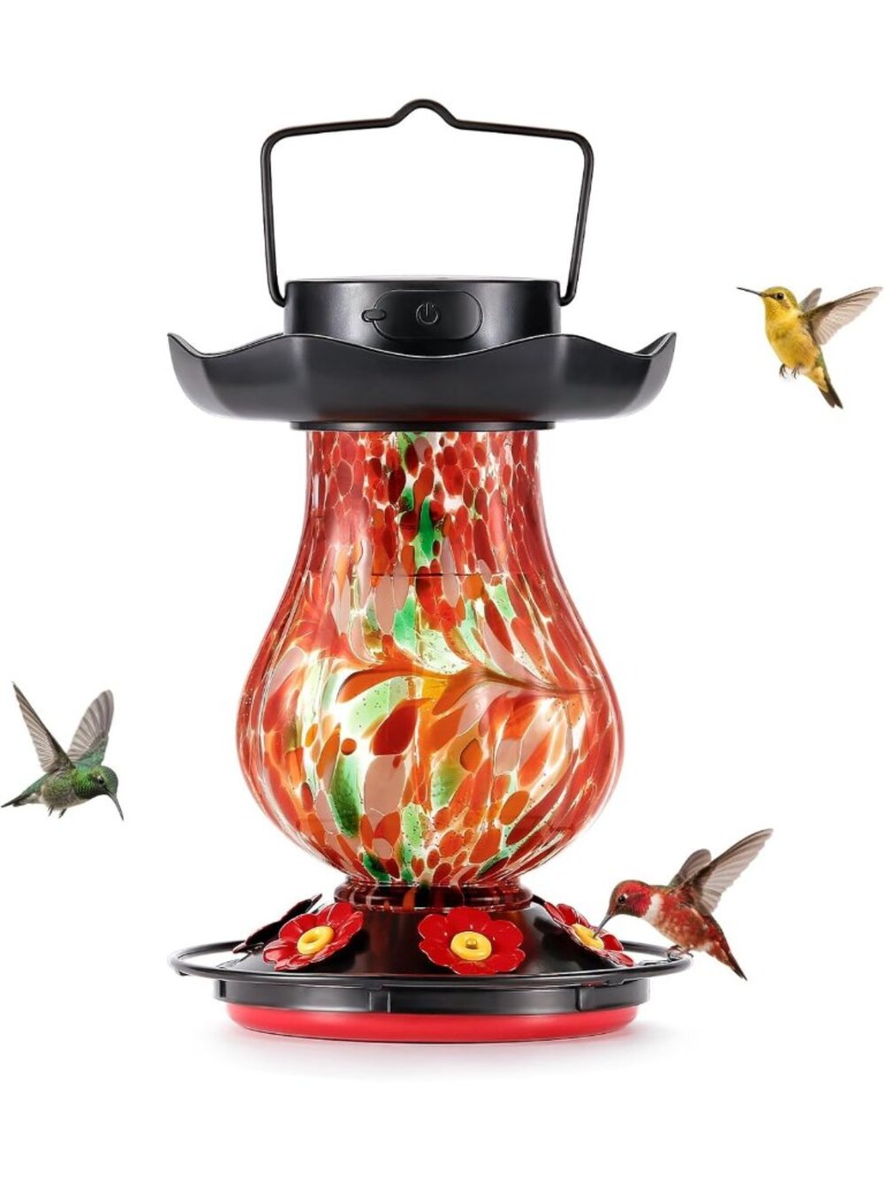 Large Capacity Solar Hummingbird Feeder - 25oz Hand Blown Glass, Color-Changing